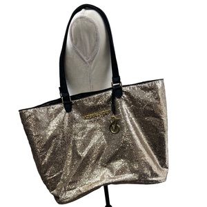 Victoria’s Secret Gold Glitter Overnight Tote Bag Black Handles Black Interior